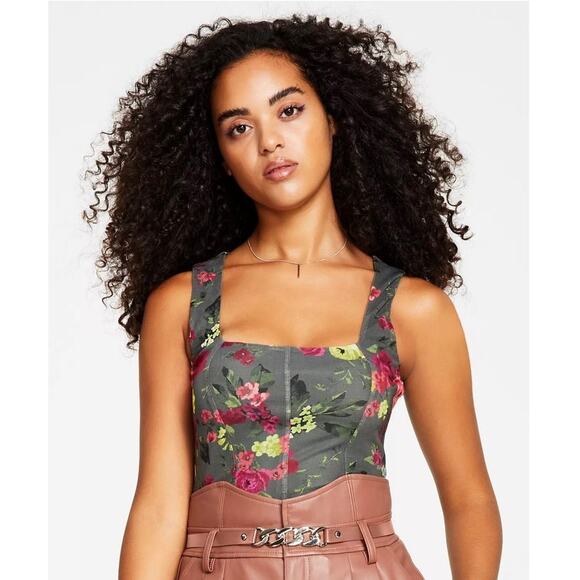 Bar III Women's Floral Corset Square-Neck Mesh Tank Top women’s size large - Picture 2 of 5